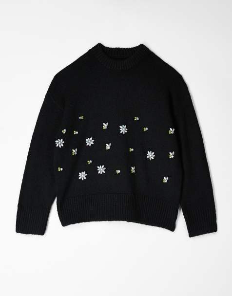 ASOS DESIGN floral embellished oversized jumper in black - view 1