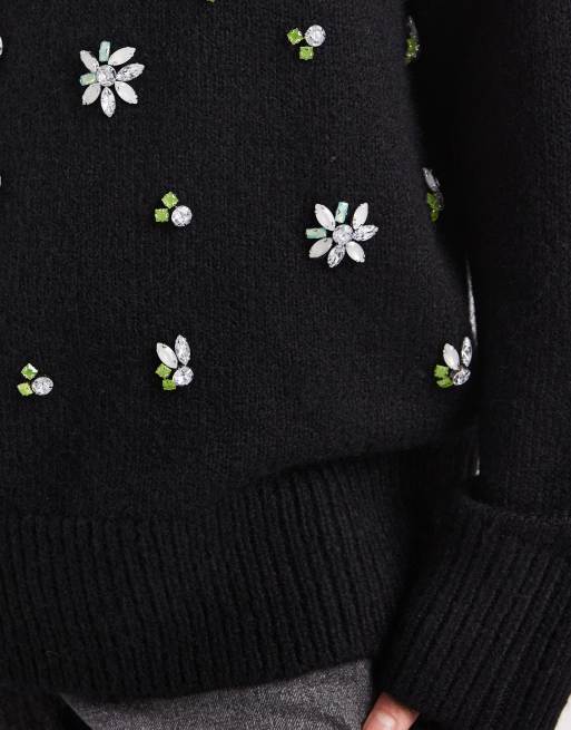 ASOS DESIGN floral embellished oversized sweater in black, 3 of 4