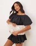 [ASOS DESIGN] ASOS DESIGN floral embellished ruched pouch clutch bag in natural-Neutral No Size NATURAL
