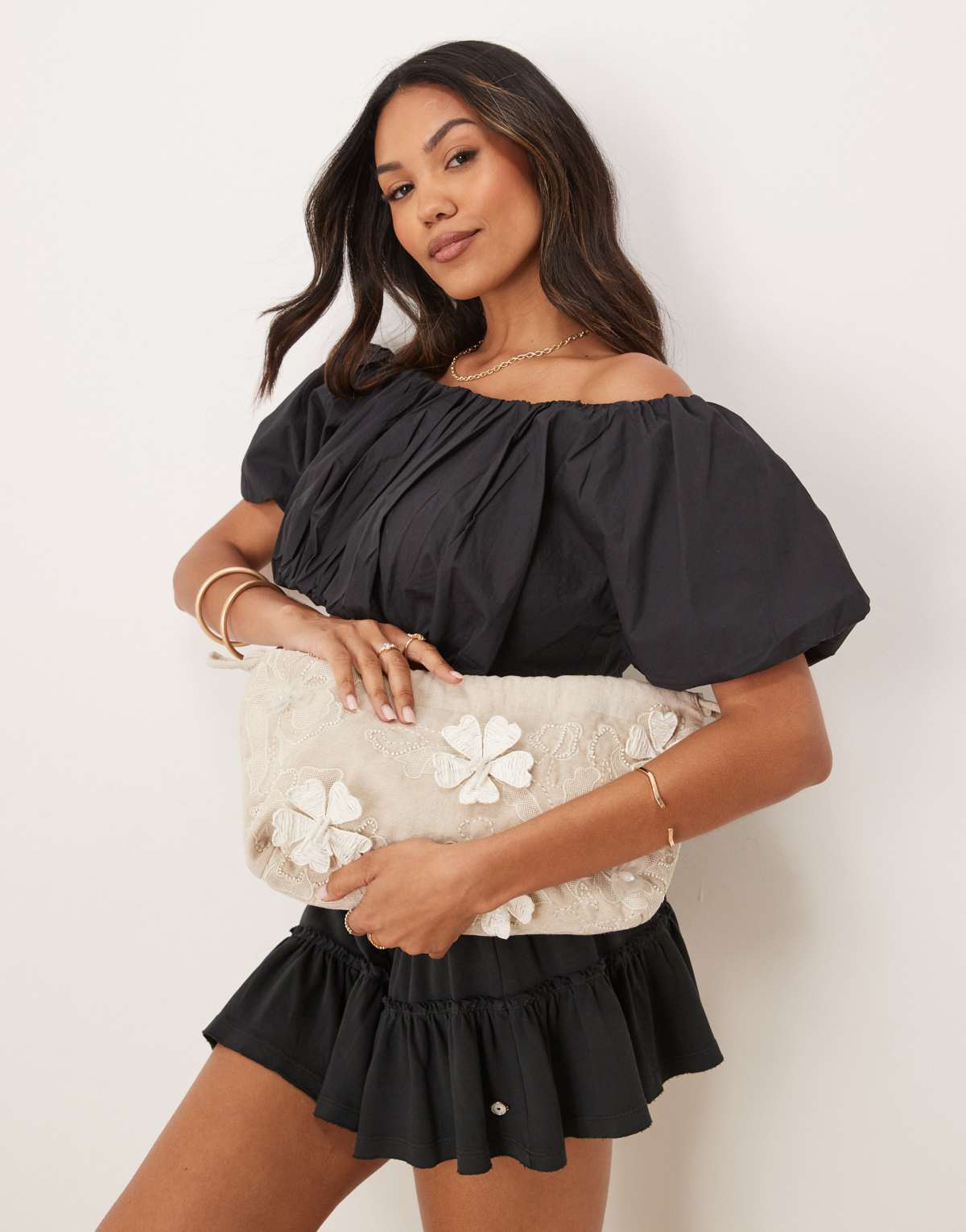 ASOS DESIGN floral embellished ruched pouch clutch bag in natural