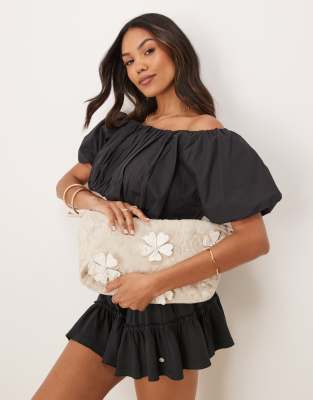 Asos Design Floral Embellished Ruched Pouch Clutch In Neutral