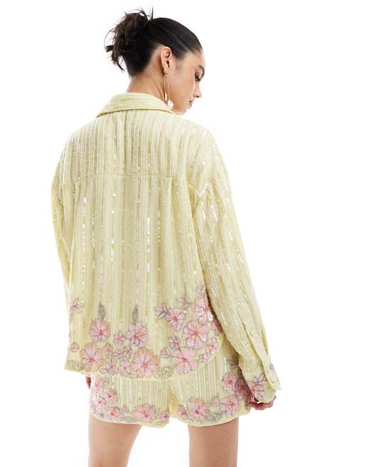 ASOS DESIGN floral embellished shirt co-ord in yellow and pink, 4 of 4