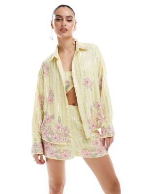 Asos Design Floral Embellished Shirt In Yellow And Pink - Part Of A Set-multi