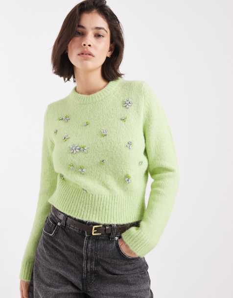 ASOS DESIGN floral embellished tailored fit sweater in green - view 1