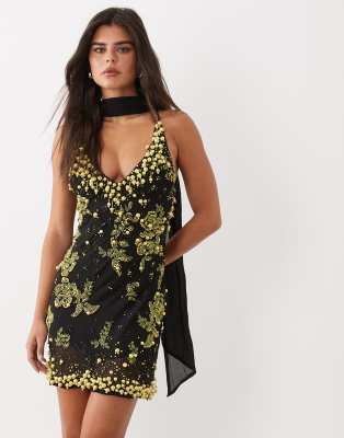 ASOS DESIGN floral embellished v neck mini dress with scarf