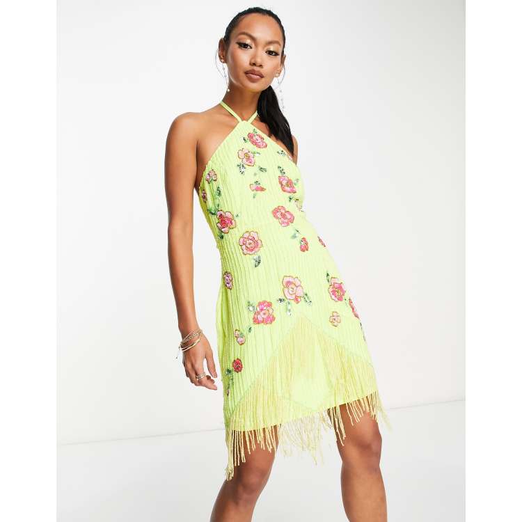 Chic Demeanor Yellow Floral Jacquard Halter Mini Dress