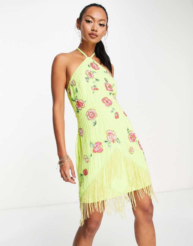 ASOS DESIGN floral embellishment tassel halter neck mini dress in yellow