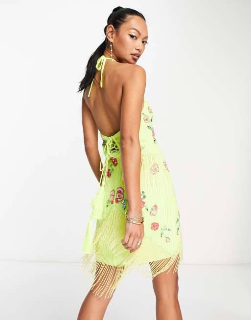 Chic Demeanor Yellow Floral Jacquard Halter Mini Dress