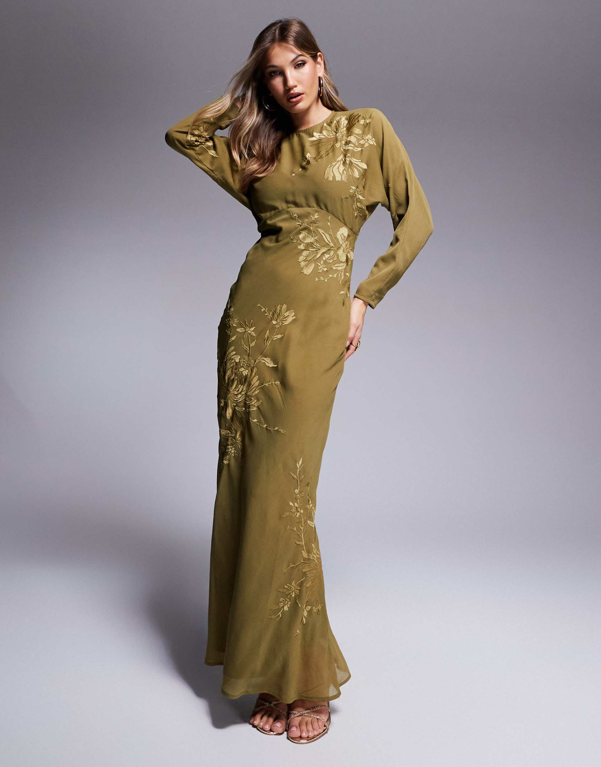 asos design floral embroidered batwing bias maxi dress in olive green