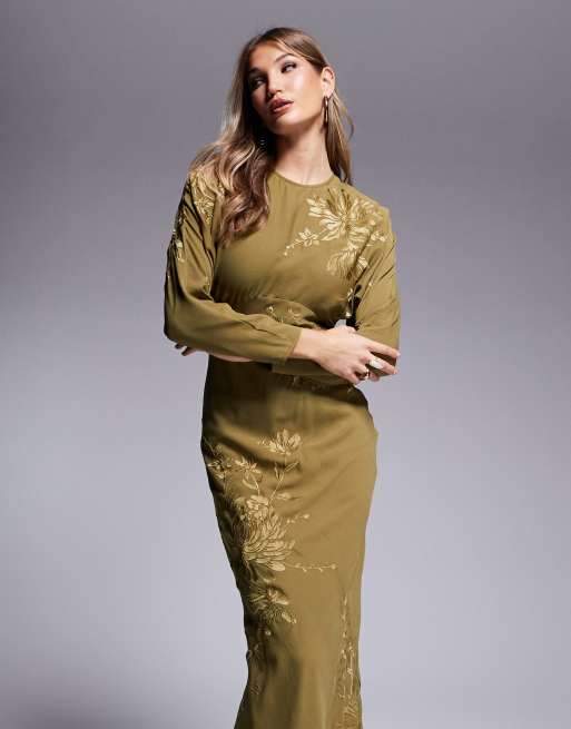ASOS DESIGN floral embroidered batwing bias maxi dress in olive green, 2 of 4