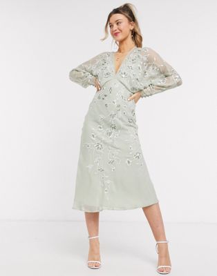 ASOS DESIGN floral embroidered batwing midi dress-Green