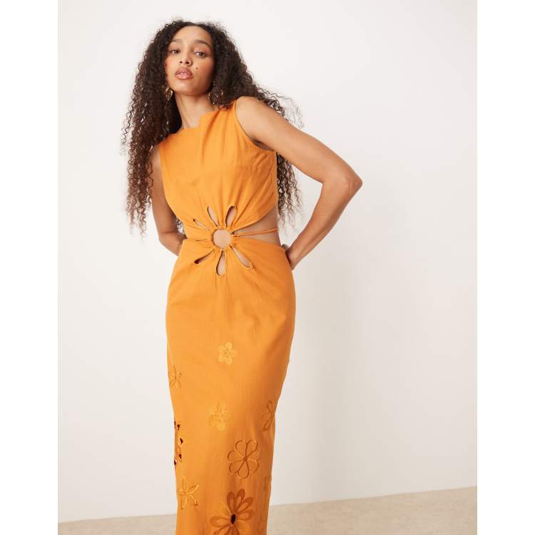 ASOS Design floral embroidered cut out maxi dress in orange