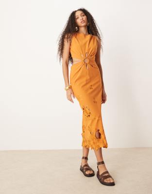 ASOS Design Floral Embroidered Cut Out Maxi Dress in Orange