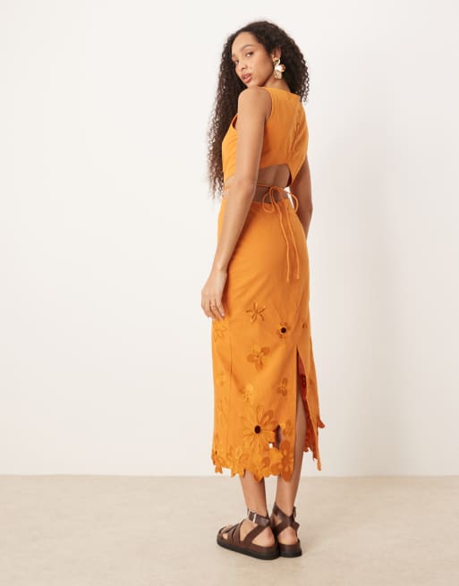ASOS Design floral embroidered cut out maxi dress in orange