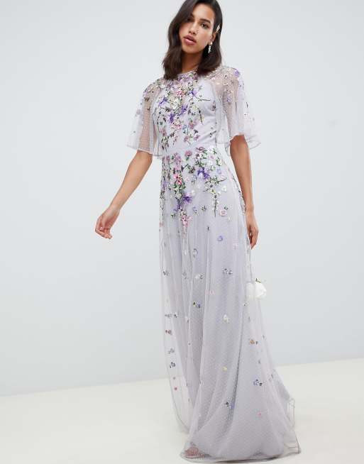 ASOS DESIGN Floral embroidered dobby mesh flutter sleeve maxi dress