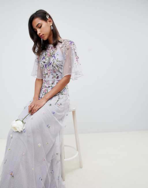 Floral embroidered dobby mesh 2025 flutter sleeve maxi dress