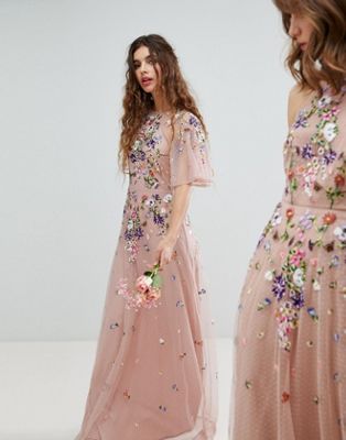 asos design floral embroidered dobby mesh flutter sleeve maxi dress