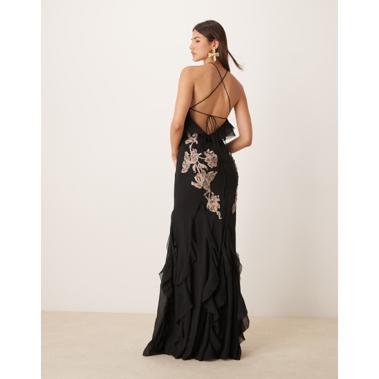 ASOS DESIGN floral embroidered halter bias maxi dress with embellishment  and ruffle hem in black | ASOS