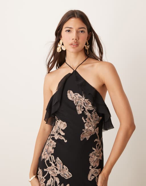 ASOS DESIGN floral embroidered halter bias maxi dress with embellishment  and ruffle hem in black | ASOS
