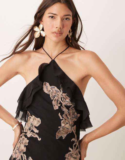 ASOS DESIGN floral embroidered halter bias maxi dress with embellishment and ruffle hem in black ASOS