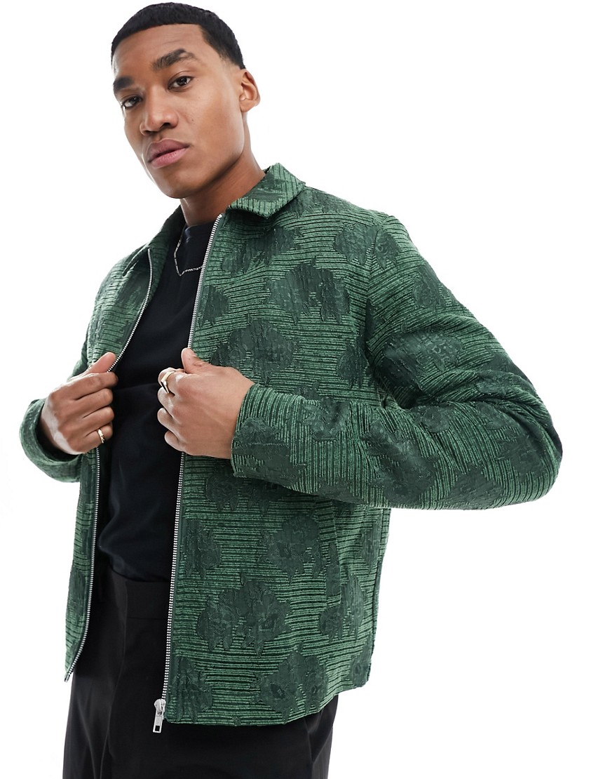 floral embroidered harrington jacket in green