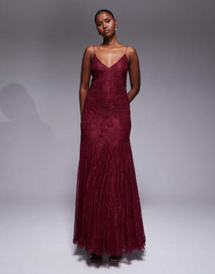 Asos Design Floral Embroidered Lace Maxi Dress With Godet Hem In Red