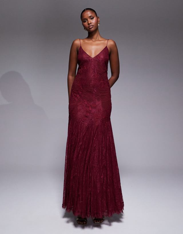 ASOS DESIGN floral embroidered lace maxi dress with godet hem in