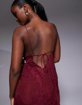 Asos Design Floral Embroidered Lace Maxi Dress With Godet Hem In Red