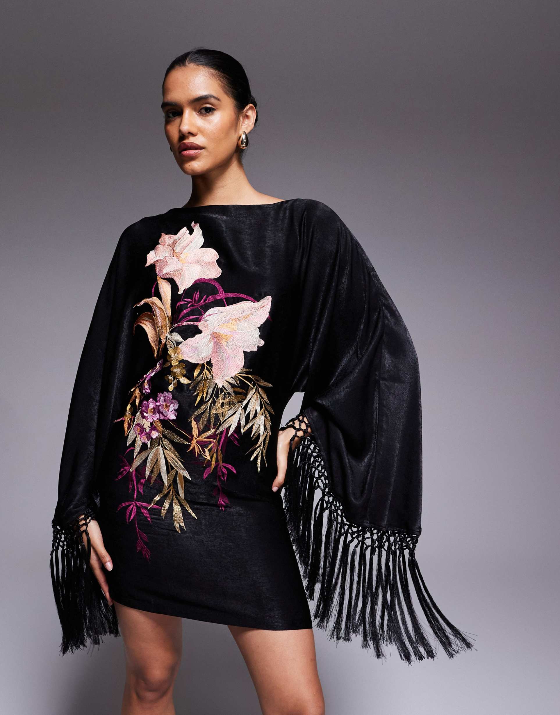 asos design floral embroidered long sleeve mini dress with fringe in black