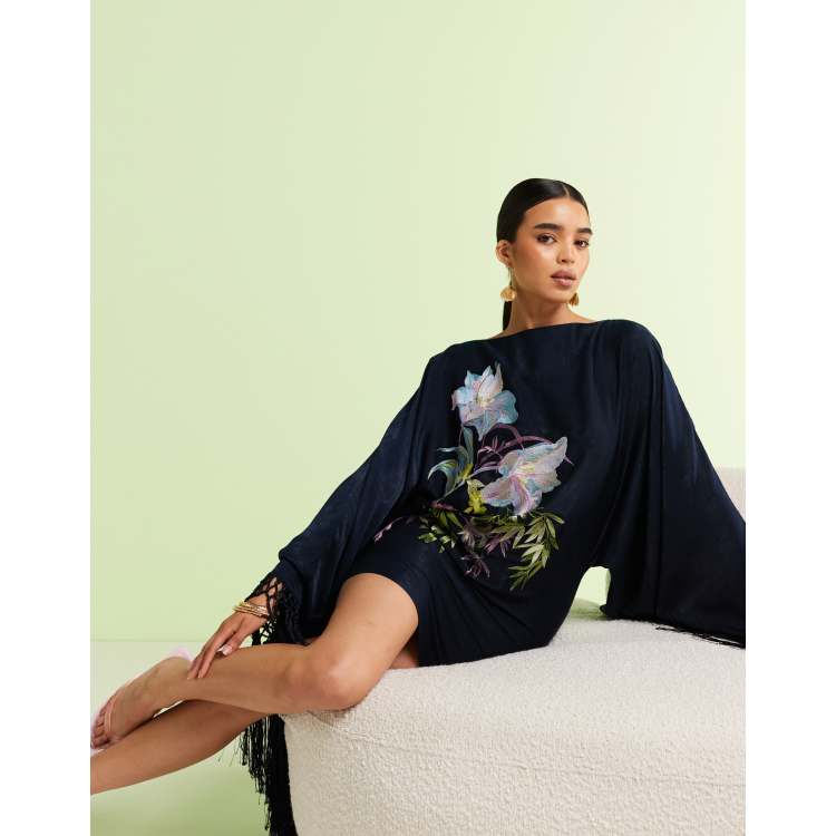 ASOS DESIGN floral embroidered long sleeve mini dress with fringe in navy |  ASOS