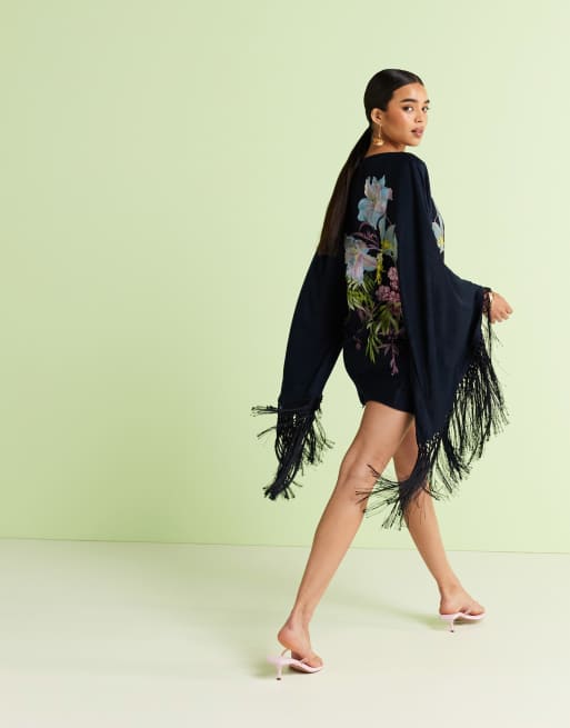 ASOS DESIGN floral embroidered long sleeve mini dress with fringe in navy