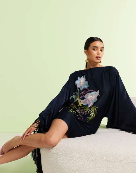 ASOS DESIGN floral embroidered long sleeve mini dress with fringing in navy - view 1