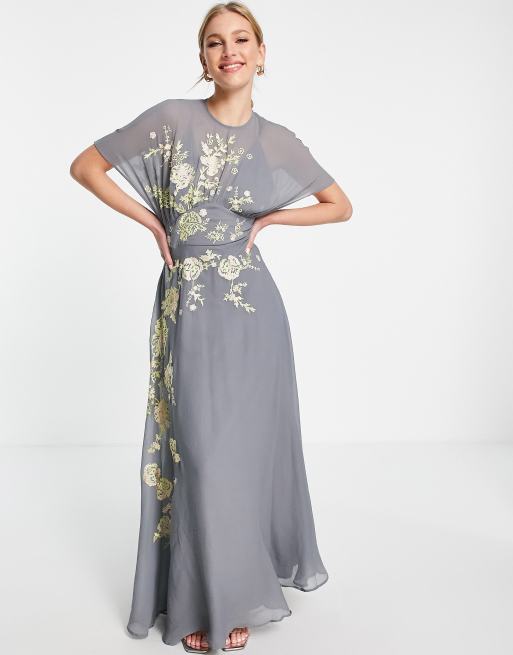 Gray floral 2025 dress with sleeves