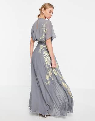 ASOS DESIGN floral embroidered maxi dress in gray | ASOS