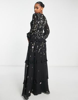 ASOS DESIGN floral embroidered maxi dress with tiered skirt and embellishment in black