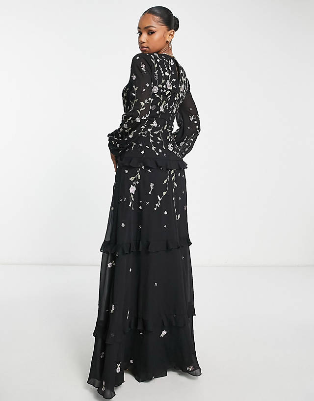 ASOS DESIGN - floral embroidered maxi dress with tiered skirt and embellishment in black
