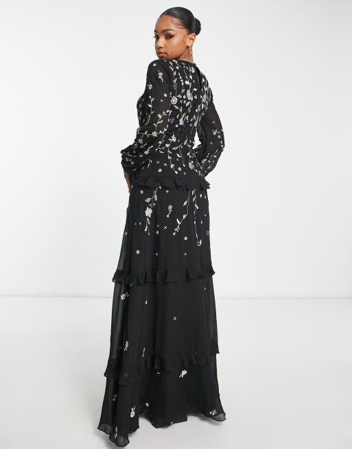 Black Forever Lovable Black Floral Embroidered Maxi Dress