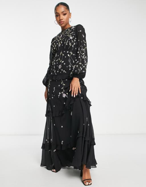 ASOS DESIGN floral embroidered maxi dress with tiered skirt and  embellishment in black