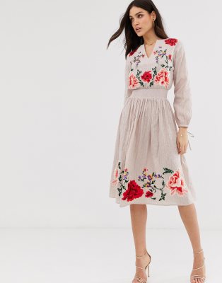 embroidered floral midi dress