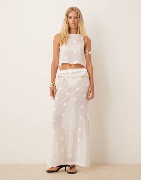ASOS DESIGN floral embroidered tie side detail maxi skirt in white (part of a set) - view 1