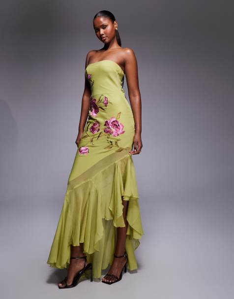 ASOS DESIGN floral embroidery bandeau maxi dress with asymmetric ruffle hem in green - view 1
