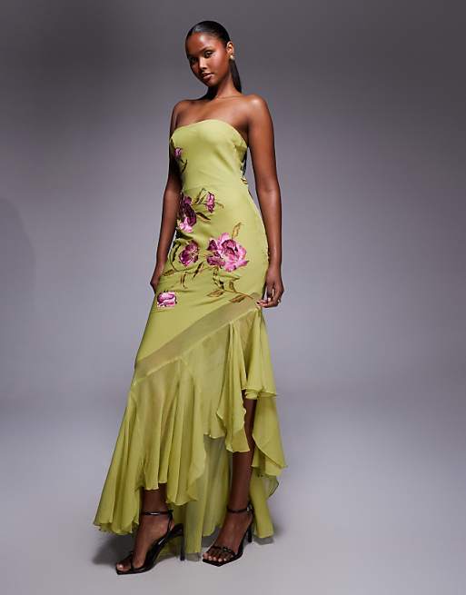 green floral embroidered dress Maxi With Sheer Flutter Sleeves In Sage Multi Teamed with heels for a dressy occasion or sandals for a day out Zapaka Women Long Embroidery Prom