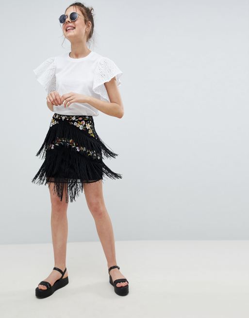 ASOS DESIGN floral embroidery mini skirt with fringe detail