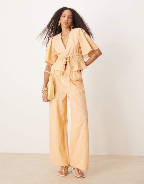 ASOS DESIGN floral embroidery tie front top and pull on trousers co-ord in apricot - view 1