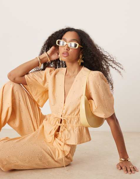 ASOS DESIGN floral embroidery tie front top co-ord in apricot - view 1