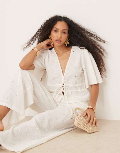 ASOS DESIGN floral embroidery tie front top co-ord in off white - view 1