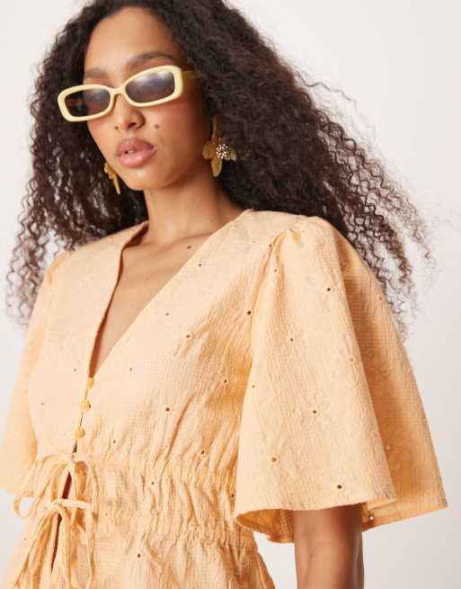 ASOS DESIGN floral embroidery tie front top in apricot - part of a set, 3 of 4