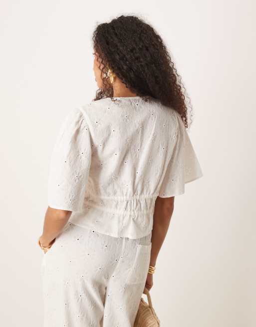 ASOS DESIGN floral embroidery tie front top in off white - part of a set