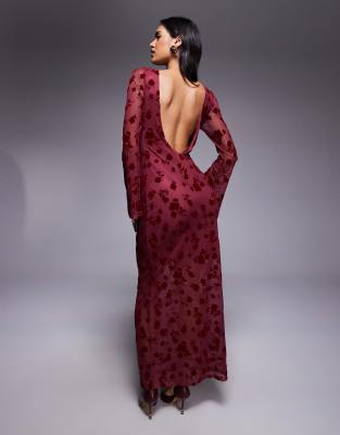 Asos Design Floral Flock Maxi Dress With Flute Sleeve Detail In Red