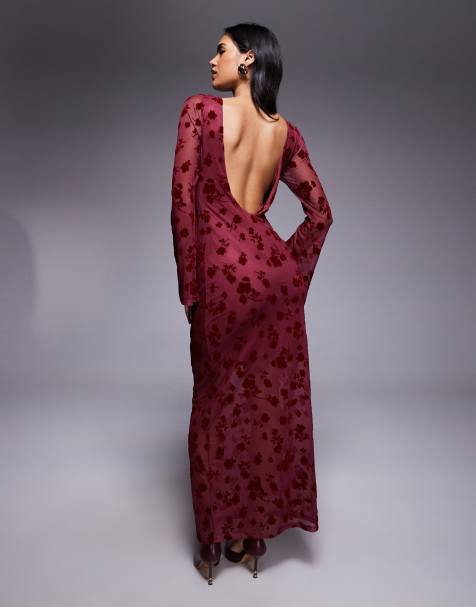 ASOS DESIGN floral flock maxi dress with flute sleeve detail in burgundy - view 1